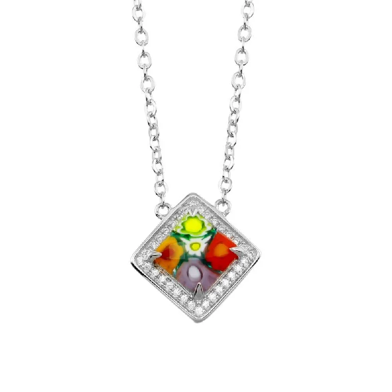 Best necklaces and pendants with butterfly pendants for a delicate, light style-Rhodium Plated 925 Sterling Silver Square Halo Murano Glass CZ Necklace - MN00002