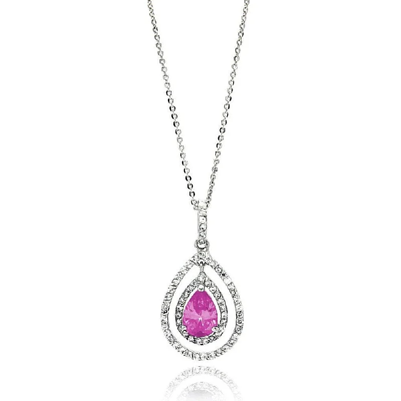 Necklaces and pendants with celestial starburst designs for a radiant look-Rhodium Plated 925 Sterling Silver Open Pink Teardrop Center CZ Necklace - BGP00665