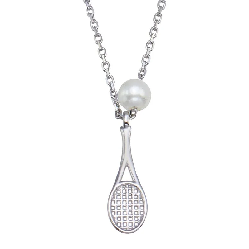 Simple necklaces and pendants with tiny charms for a delicate and casual vibe-Rhodium Plated 925 Sterling Silver Synthetic Mother of Pearl Tennis Racket Necklace - GMN00095