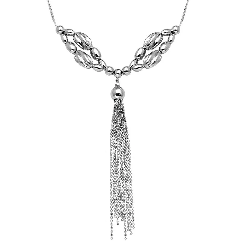 Best necklaces and pendants with opal and gold for a vibrant, luxurious contrast-Rhodium Plated 925 Sterling Silver Multi Beaded Necklace with Tassel End - DIN00060RH