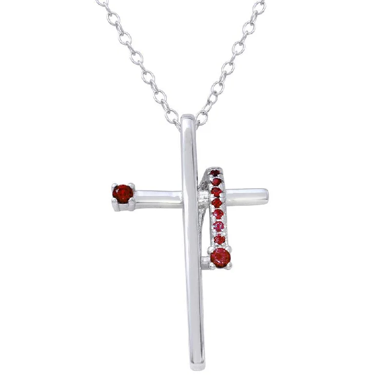 Best necklaces and pendants with sterling silver for an affordable yet stylish choice-Rhodium Plated 925 Sterling Silver Red CZ  Designed Cross Necklace - BGP01273GAR