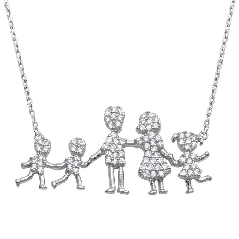 Best necklaces and pendants with butterfly pendants for a delicate, light style-Rhodium Plated 925 Sterling Silver Mom, Dad, Daughter and 2 Sons Family Necklace with CZ - GMN00066