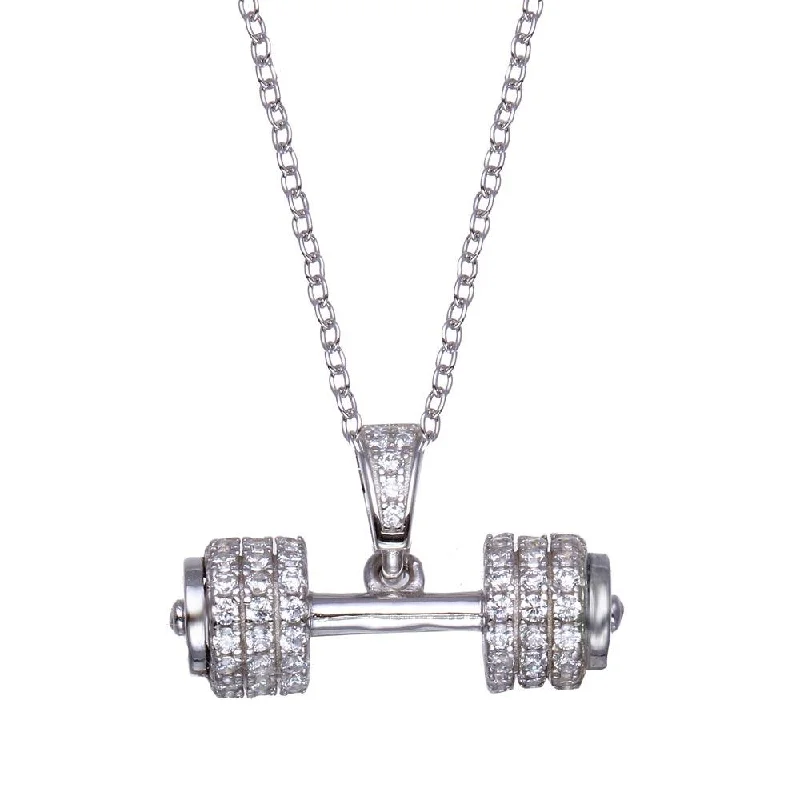 Best necklaces and pendants with emerald gemstones for a rich, sophisticated design-Rhodium Plated 925 Sterling Silver Small Dumbbell CZ Necklace - BGP01353