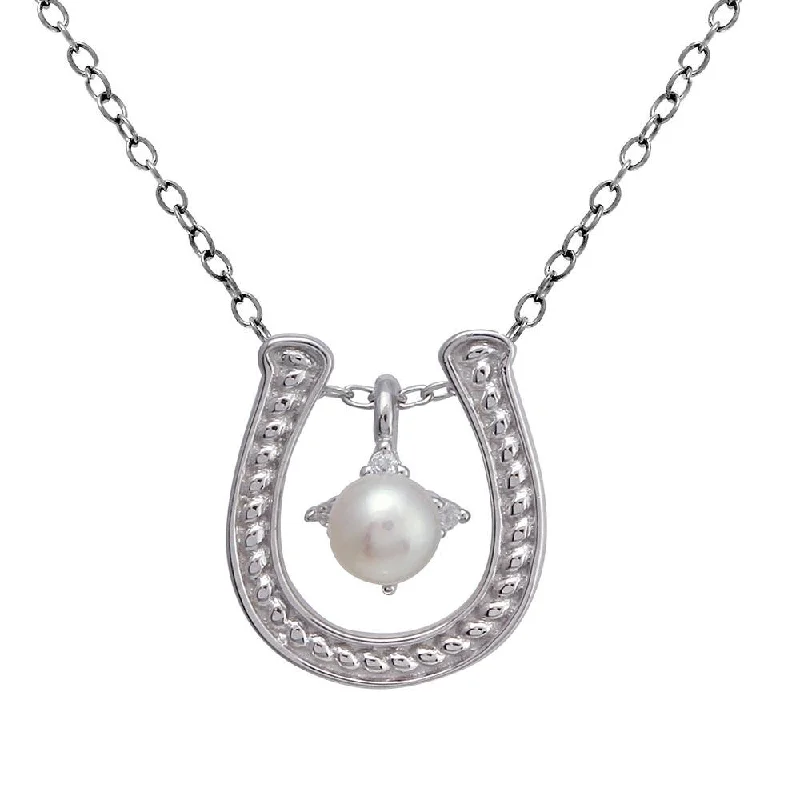 Necklaces and pendants with ocean-inspired designs for a refreshing, beachy feel-925 Sterling Silver Clear Rhodium Plated Horse Shoe Pearl Center Necklace - BGP01374