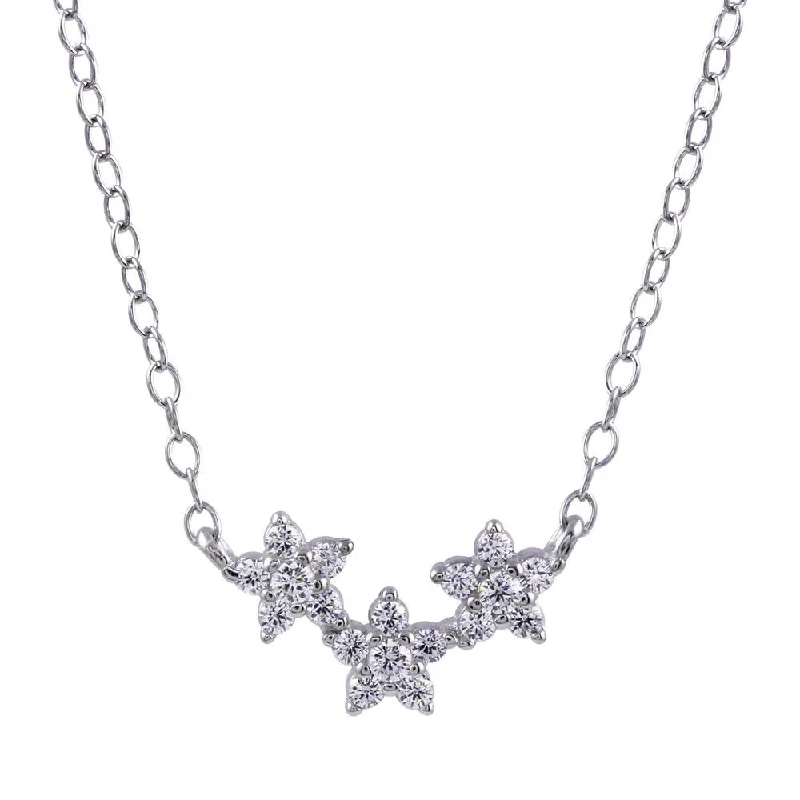 Unique necklaces and pendants with gemstones for a colorful and vibrant statement-Rhodium Plated 925 Sterling Silver CZ Triple Flower Necklace - STP01755