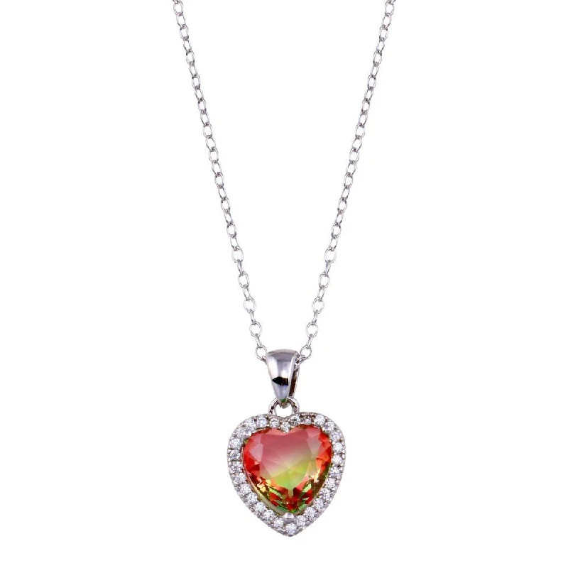 Stunning necklaces and pendants with chakra stones for healing and balance-Rhodium Plated 925 Sterling Silver Halo Red and Green Gradient Heart CZ Necklace - STP01727