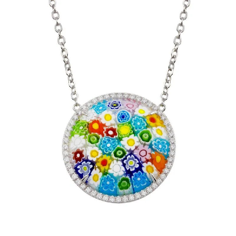 Necklaces and pendants with zodiac constellation designs for an astrological touch-Rhodium Plated 925 Sterling Silver Halo Disc Murano Glass CZ Necklace - MN00003