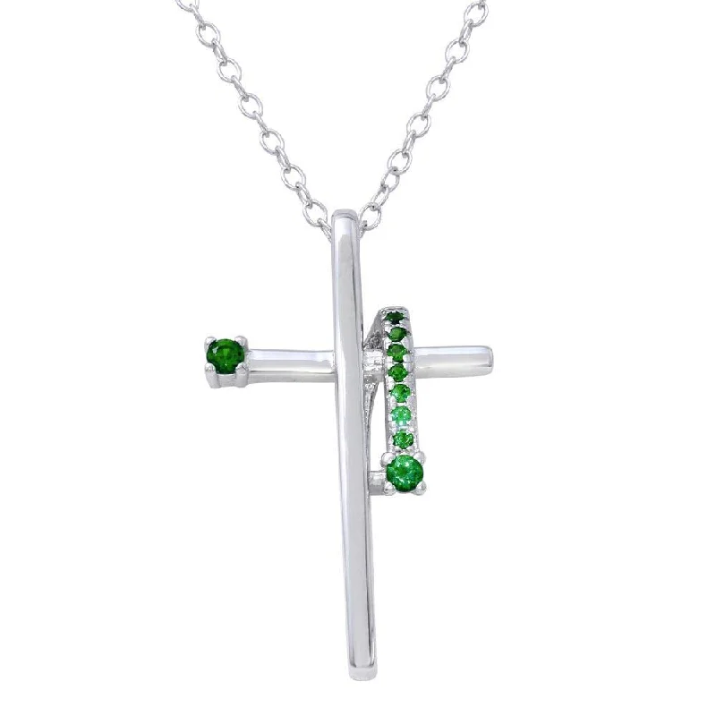 Best necklaces and pendants for weddings with matching designs for bride and groom-Rhodium Plated 925 Sterling Silver Green CZ Designed Cross Necklace - BGP01273GRN