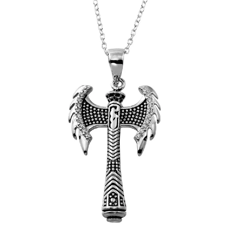 Necklaces and pendants with love knot designs for a romantic, meaningful symbol-Rhodium Plated 925 Sterling Silver Viking Axe CZ Necklace - BGP01349