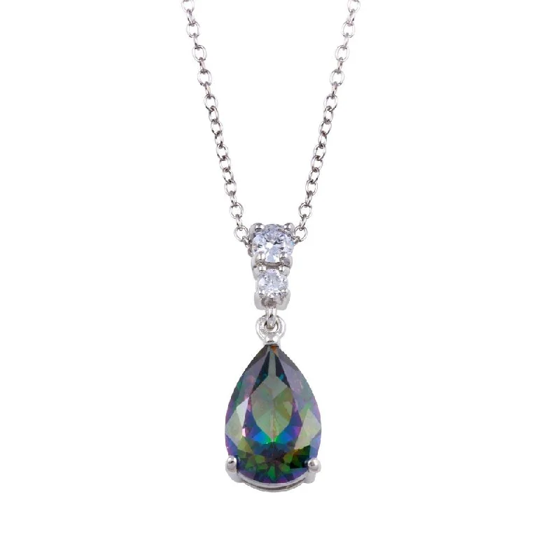 Beautiful necklaces and pendants with butterfly motifs for a whimsical style-Rhodium Plated 925 Sterling Silver Synthetic Mystic Topaz Teardrop CZ Necklace - BGP01315