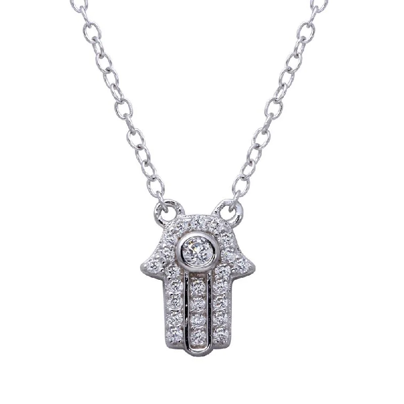 Necklaces and pendants with ocean-inspired designs for a refreshing, beachy feel-Rhodium Plated 925 Sterling Silver Mini Hamsa Pendant Necklace with CZ - BGP01267