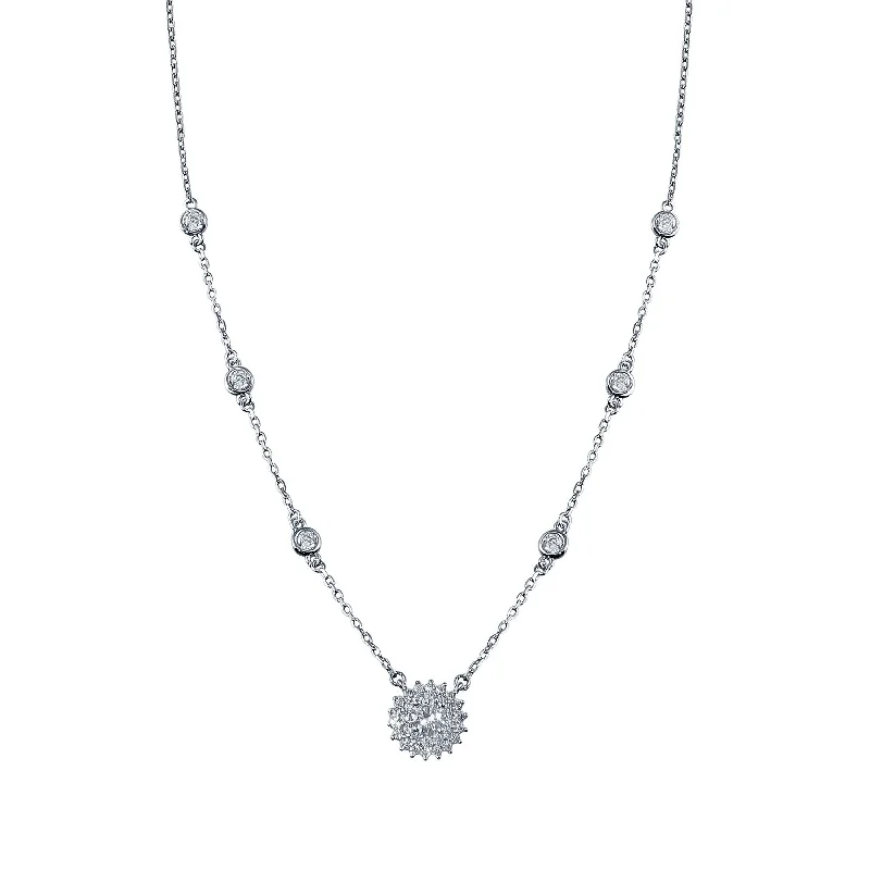 Best necklaces and pendants with crystal accents for a sparkling and elegant style-Rhodium Plated 925 Sterling Silver CZ Disc Flower Necklace - GMN00097