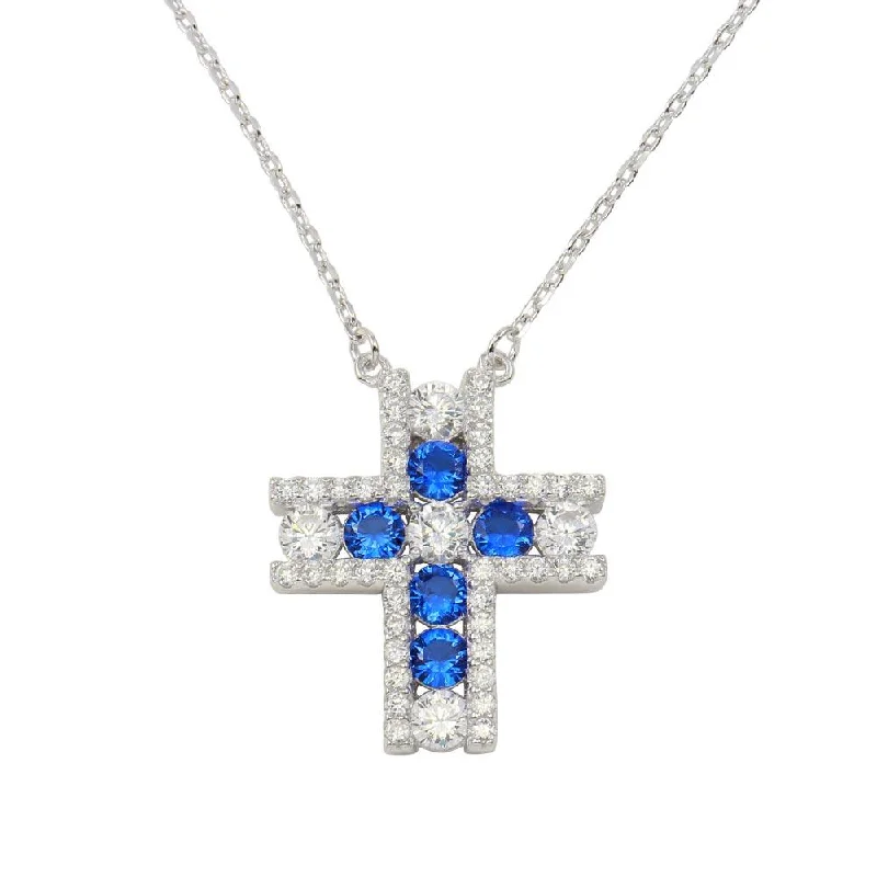 Stunning necklaces and pendants with turquoise and gold for a vibrant, earthy look-Rhodium Plated 925 Sterling Silver Cross Pendant Necklace with Clear and Blue Necklace - BGP01279