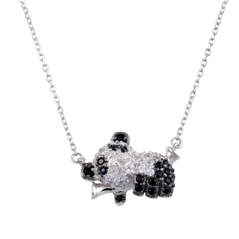 Simple necklaces and pendants with bar pendants for a sleek modern design-Rhodium Plated 925 Sterling Silver CZ Panda Necklace - BGP01306