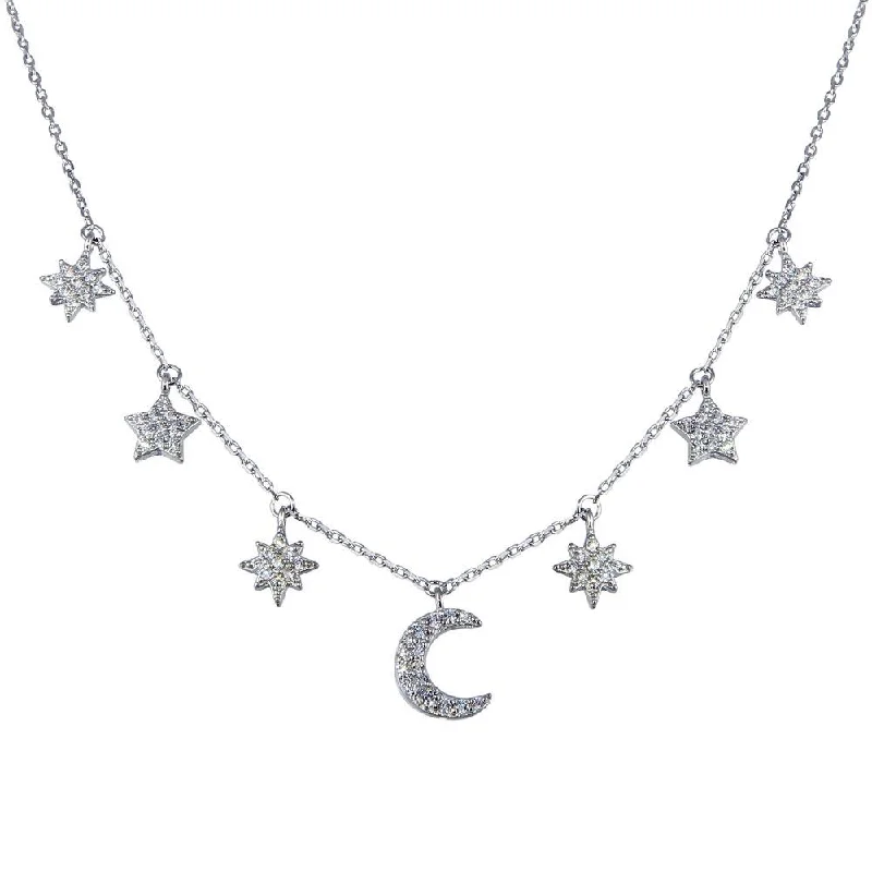 Necklaces and pendants with pearls for a classic and sophisticated touch-Rhodium Plated 925 Sterling Silver CZ  Star and Crescent Moon Necklace - GMN00089