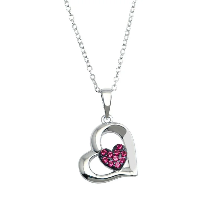 Beautiful necklaces and pendants with layered chains for a fashionable, chic look-Rhodium Plated 925 Sterling Silver Heart Pendant Necklace with Red CZ - BGP01292RED