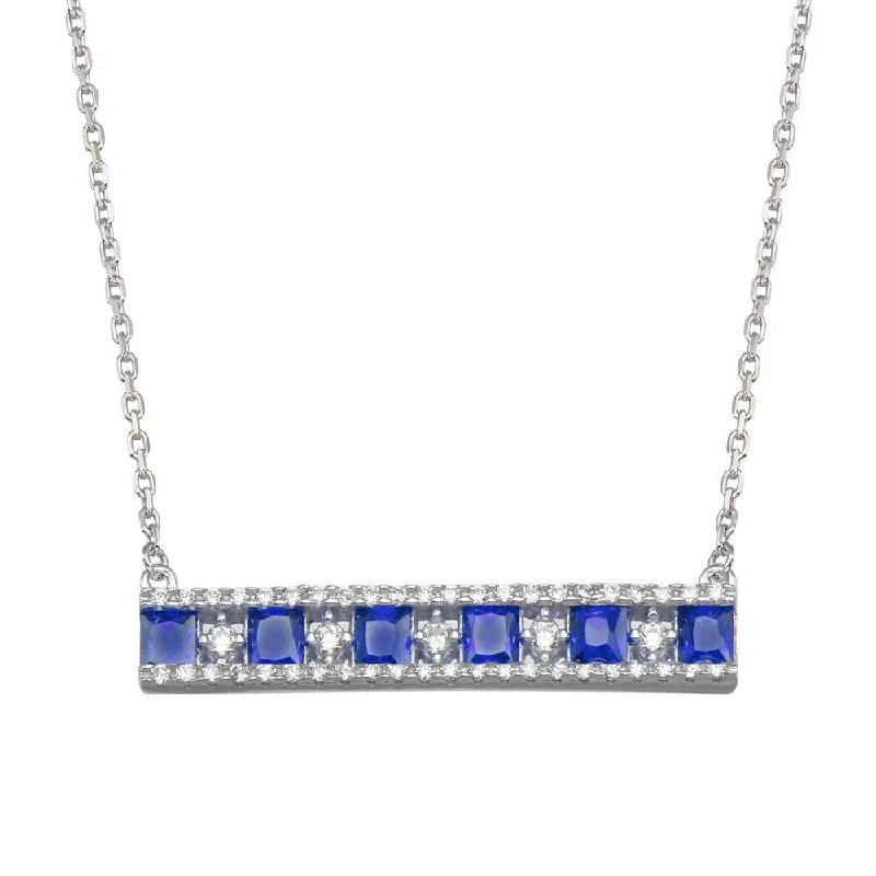 Elegant necklaces and pendants with diamond accents for added sparkle-Rhodium Plated 925 Sterling Silver Horizontal Bar Blue CZ Necklace - BGP01368BLU