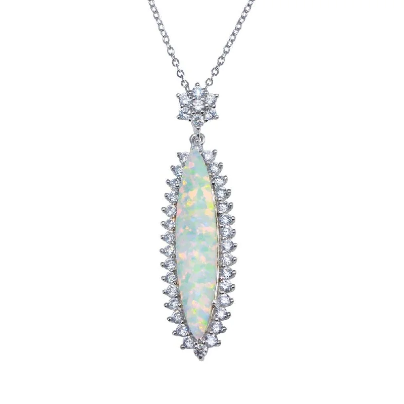 Best necklaces and pendants with heart-shaped designs for a romantic look-Rhodium Plated 925 Sterling Silver Teardrop Synthetic Opal Necklace with CZ - BGP01367