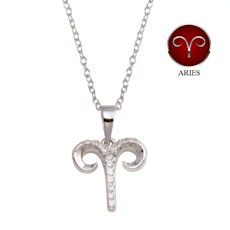 Best necklaces and pendants with heart-shaped lockets for a sentimental keepsake-Rhodium Plated 925 Sterling Silver Aries CZ Zodiac Sign Necklace - BGP01333