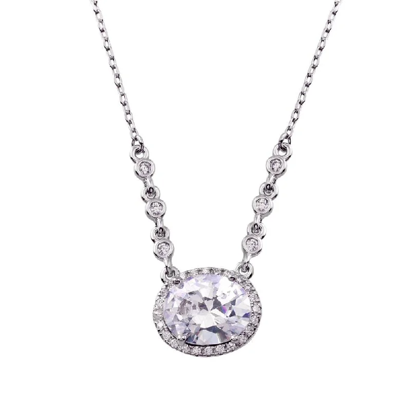 Necklaces and pendants with lotus flower designs for a spiritual, peaceful vibe-Rhodium Plated 925 Sterling Silver Floating Halo Oval CZ Necklace - BGP01348