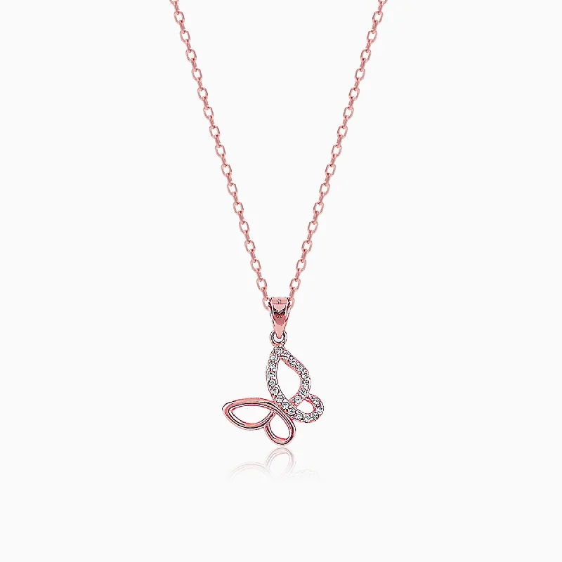 Necklaces and pendants with zodiac constellation designs for an astrological touch-Rose Gold Zircon-Studded Butterfly Pendant With Link Chain