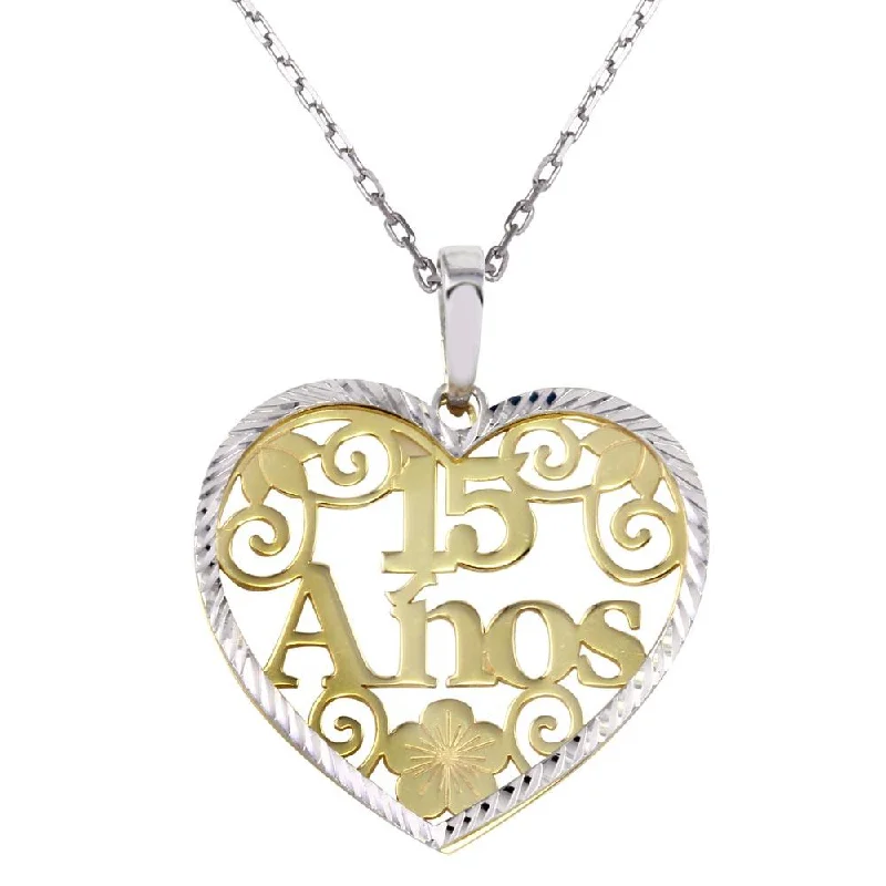 Necklaces and pendants with enamel accents for a colorful, eye-catching appearance-Two-Tone 925 Sterling Silver 15 Anos Heart Pendant Necklace - SOP00073