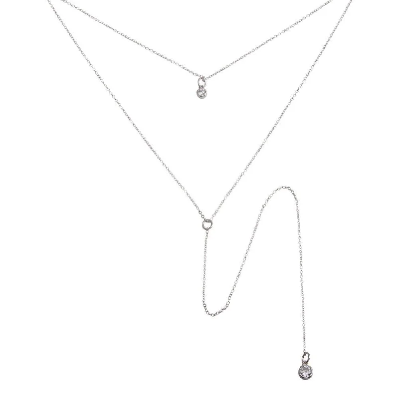 Stunning necklaces and pendants with birthstone pendants for a personal touch-Rhodium Plated 925 Sterling Silver Double Chain Drop Necklace with CZ - STP01698RH