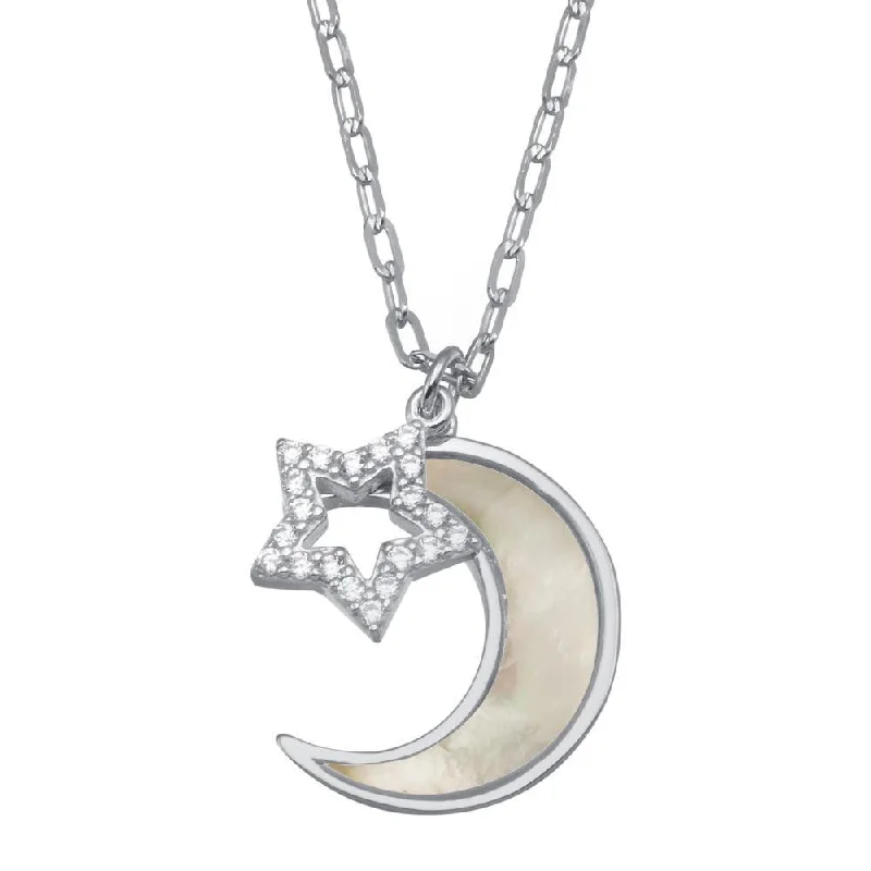 Best necklaces and pendants with turquoise stones for a vibrant boho-chic look-Rhodium Plated 925 Sterling Silver CZ Synthetic Mother of Pearl Star and Crescent Moon Necklace - GMN00102