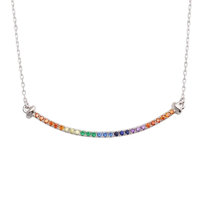 Stunning necklaces and pendants with ruby gemstones for a luxurious red hue-Rhodium Plated 925 Sterling Silver Curve Pendant Necklace with Rainbow CZ - BGP01310