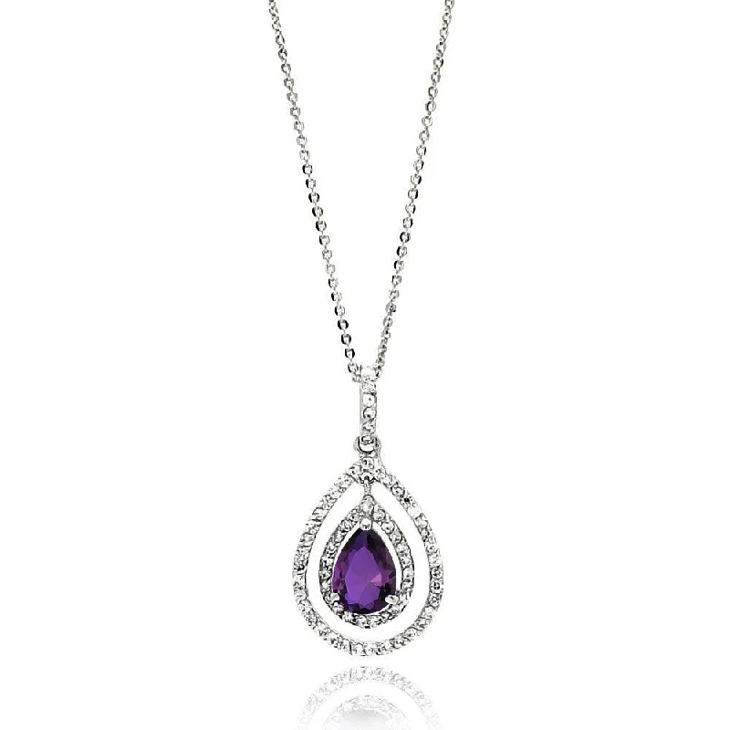 Necklaces and pendants with infinity love symbols for an eternal, romantic gesture-Rhodium Plated 925 Sterling Silver Open Purple Teardrop Center CZ Necklace - BGP00667