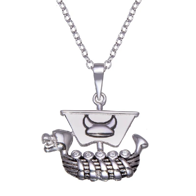 Unique necklaces and pendants with tree of life motifs for nature-inspired elegance-Rhodium Plated 925 Sterling Silver Viking Ship Necklace - BGP01357