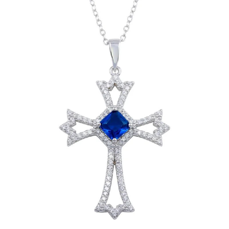 Necklaces and pendants with diamond pendants for a luxurious sparkling effect-Rhodium Plated 925 Sterling Silver Blue CZ Center Open CZ Cross Necklace - BGP01319