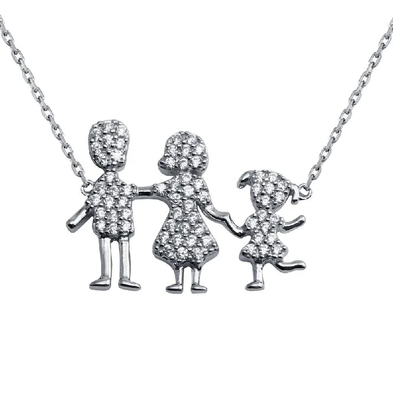 Stunning necklaces and pendants with chakra stones for healing and balance-Rhodium Plated 925 Sterling Silver Daughter and Parents Family Necklace - GMN00081