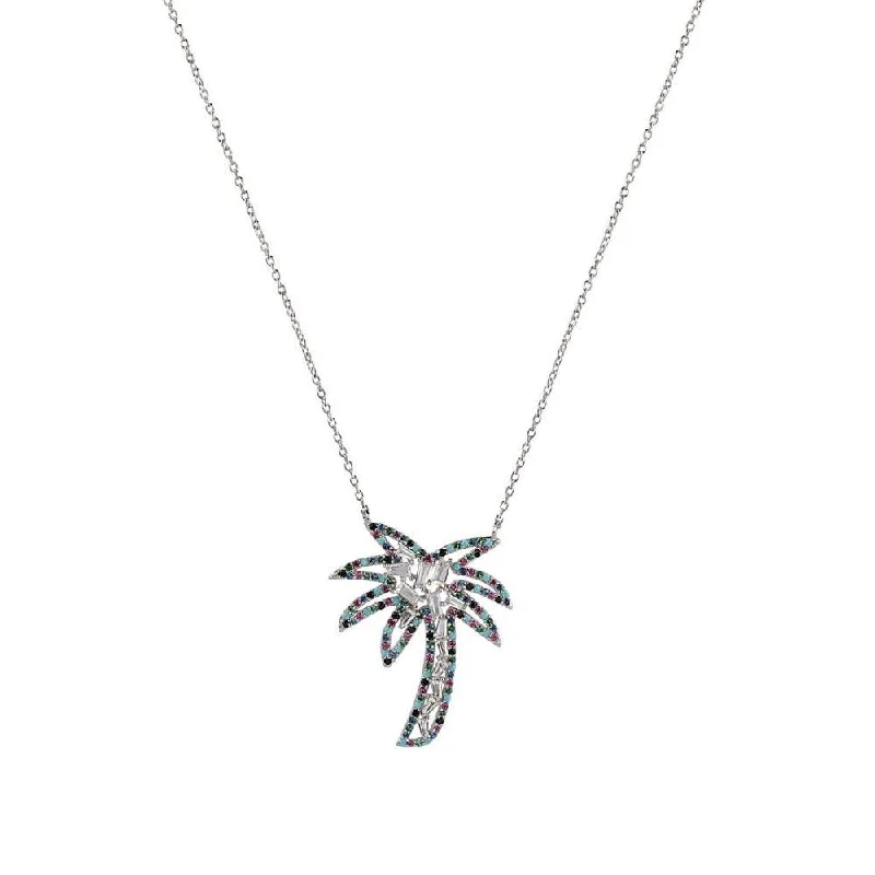 Necklaces and pendants with sun and moon motifs for a celestial-inspired design-Rhodium Plated 925 Sterling Silver Multi Color CZ Palm Tree Necklace - STP01655