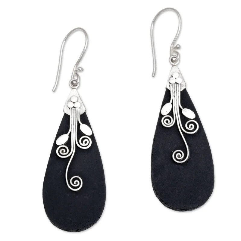 Drop Earrings with Textured Surface -Handmade Sterling Silver Lava Stone Reaching Vines Earrings (Indonesia) - 2.4L*0.7W