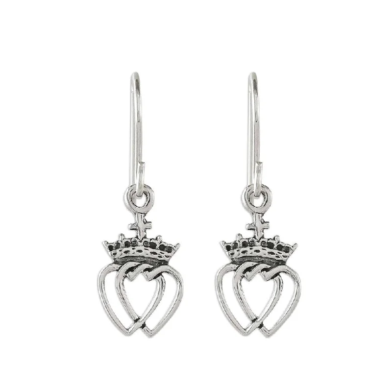 Adjustable Drop Earrings for Custom Fit -Handmade Sterling Silver 'Crowned Hearts' Earrings (Thailand) - 1.1L*0.4W