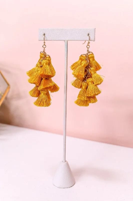 Drop Earrings with Filigree Work -Mustard Multi Tassel Chandelier Earrings - EAR3951MS