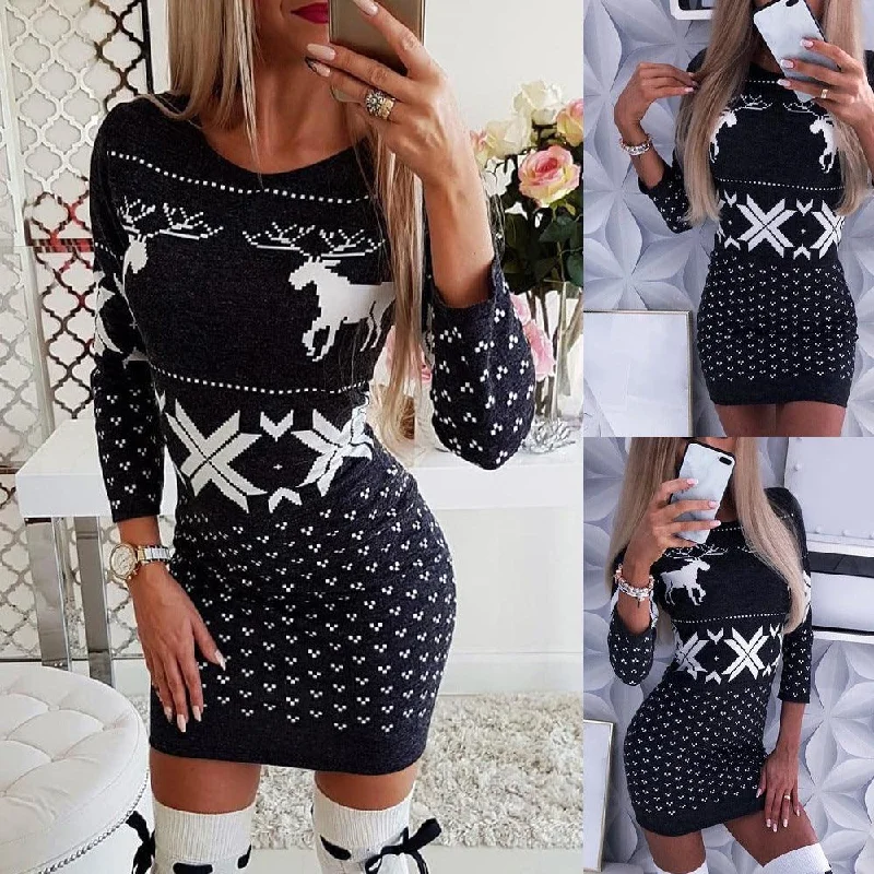 Belted Dresses for Shaping -Christmas digital printing tight-fitting hip dress, long-sleeved thin T-shirt and skirt