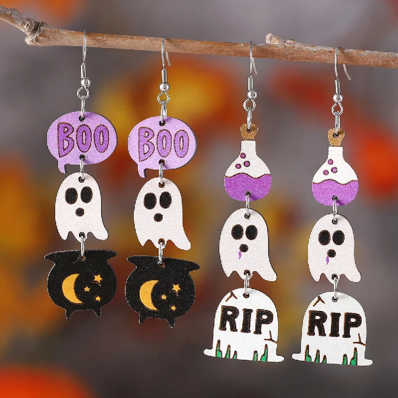 Nickel Free Drop Earrings for Safety -Wholesale Halloween Gothic Style Cute Ghost Tassel Stitching Wooden Double-sided Earrings