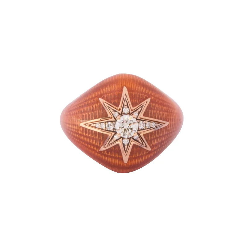 Rose gold rings featuring delicate pearl inlays -Aida Diamond Pinky Ring - Orange Enamel