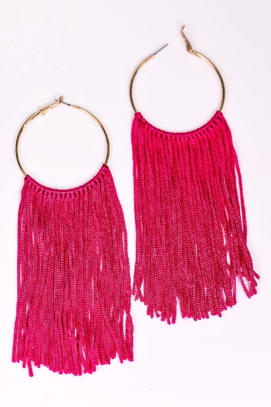 Drop Earrings for Wellness Routine -Long Fuchsia Tassel Gold Hoop Earrings - EAR2130FU