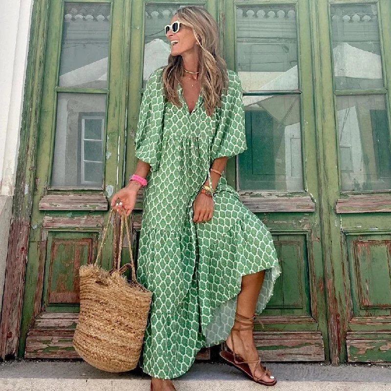 A-line Dresses for Flattering -Elegant Ladies Casual Loose V-Neck Half Sleeve Maxi Dress