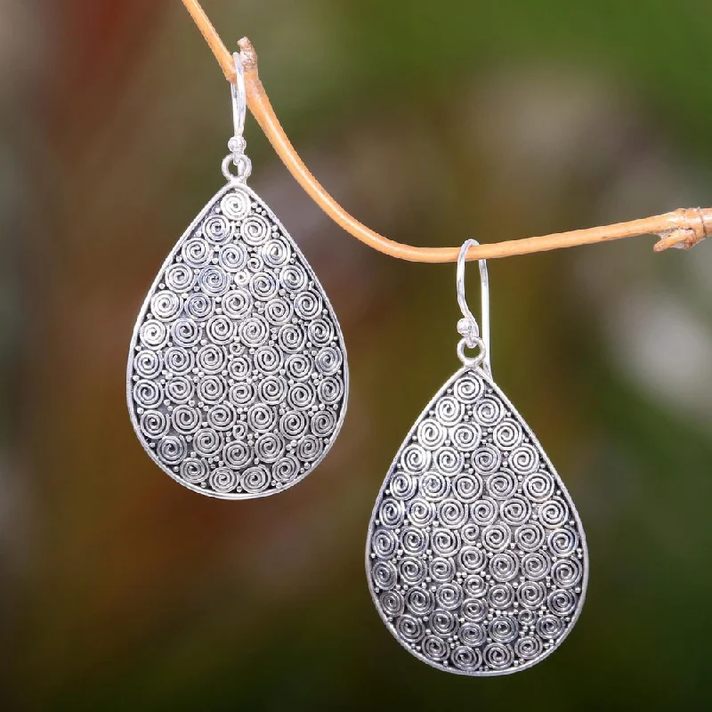 Drop Earrings with Debossed Designs -Handmade Sterling Silver 'Buddha Curls' Earrings (Indonesia) - 1.9*1