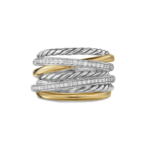 Rings with engraved constellations for stargazers -Crossover Seven Row Ring in Sterling Silver with 18K Yellow Gold and Diamonds, 16mm, Size 8