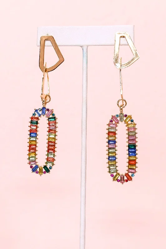 Drop Earrings with Polished Shine -Gold/Multi Color Geometric/Oval Rhinestone Dangle Earrings - EAR3942GO