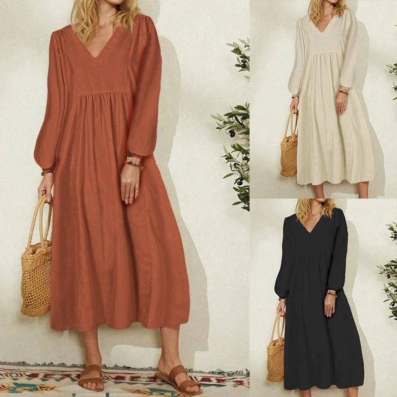 Pink Dresses for Feminine -Autumn New Fashion Women's Wear Cotton Loose Lantern Sleeve Dress