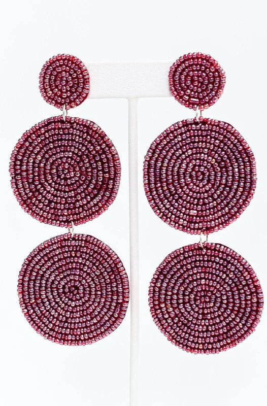 Tarnish Resistant Drop Earrings for Longevity -Wine 3-Tier Seed Bead Earrings - EAR3042WN