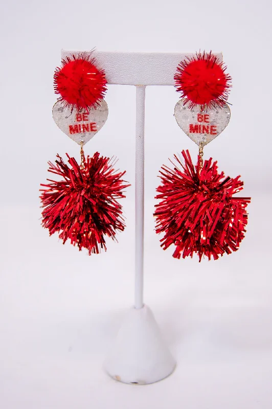 Drop Earrings for Travel Look -Red/Ivory Be Mine Tinsel Pom Pom Earrings - EAR4215RD