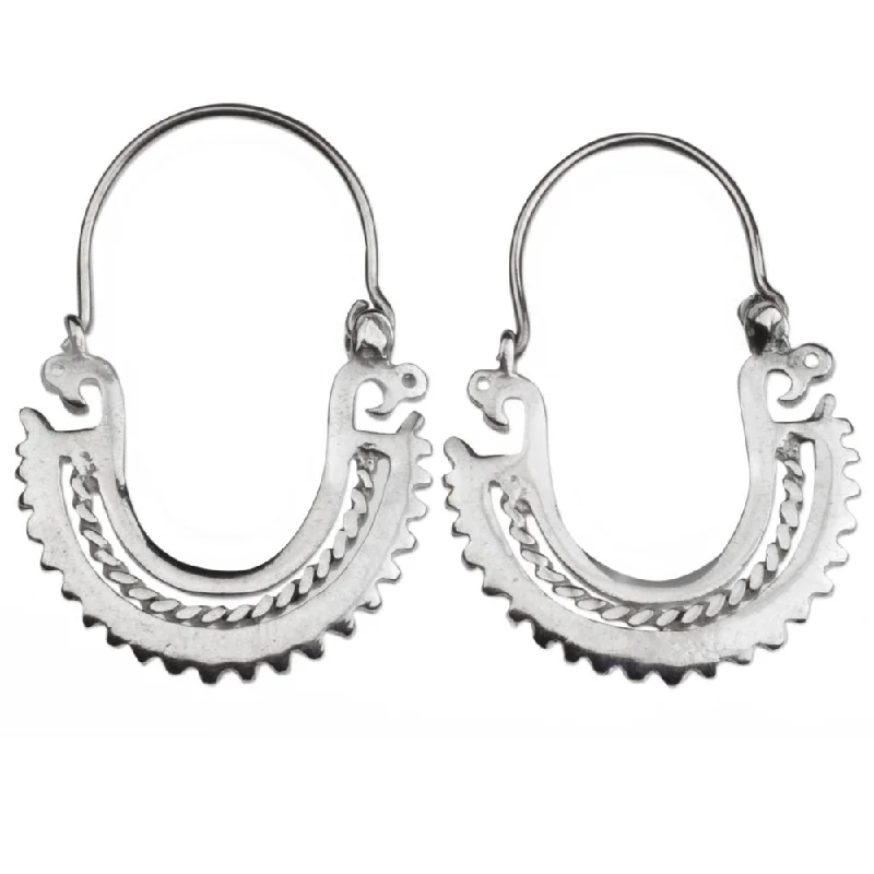 Clip On Drop Earrings for Non Pierced -Handmade The Plumed Serpent Sterling Silver Earrings (Mexico) - 1.3L*0.9W