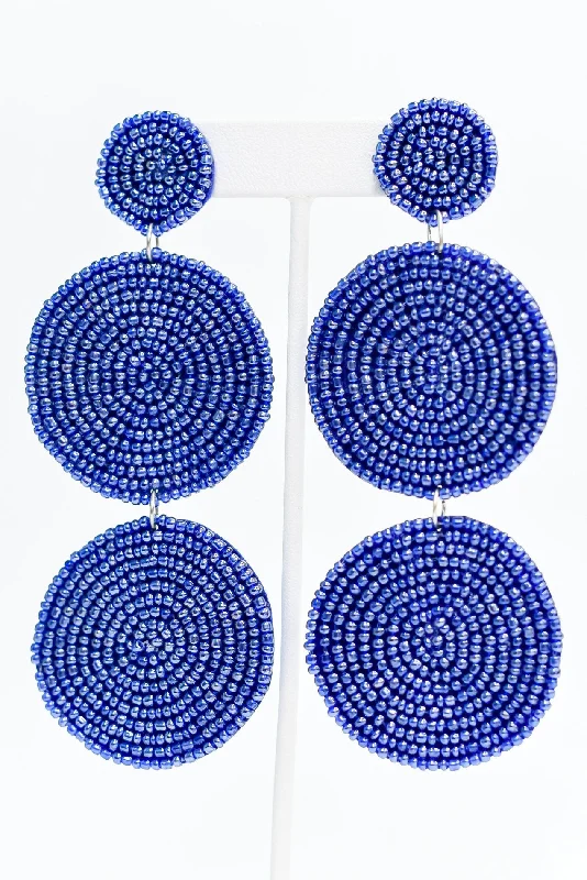 Indian Drop Earrings with Intricacy -Royal Blue 3-Tier Seed Bead Earrings - EAR3043RB